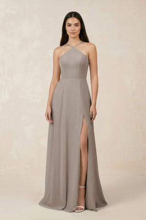 Halter Chiffon A - Line Bridesmaid Dress With Slit in Frost - KISS BRIDAL Bridesmaid Dresses