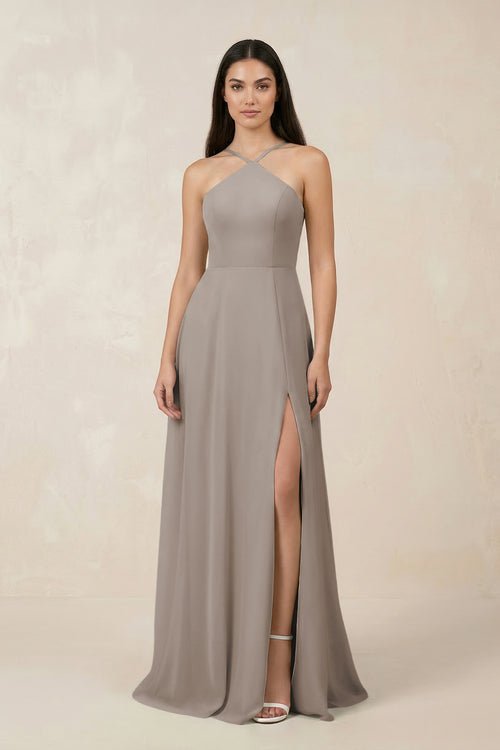 Halter Chiffon A - Line Bridesmaid Dress With Slit in Frost - KISS BRIDAL Bridesmaid Dresses