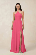 Halter Chiffon A - Line Bridesmaid Dress With Slit in Fuchsia - KISS BRIDAL Bridesmaid Dresses