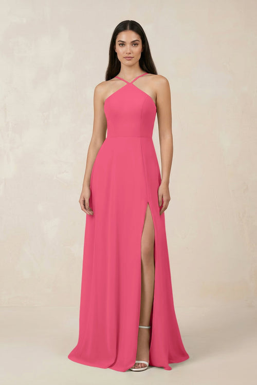 Halter Chiffon A - Line Bridesmaid Dress With Slit in Fuchsia - KISS BRIDAL Bridesmaid Dresses