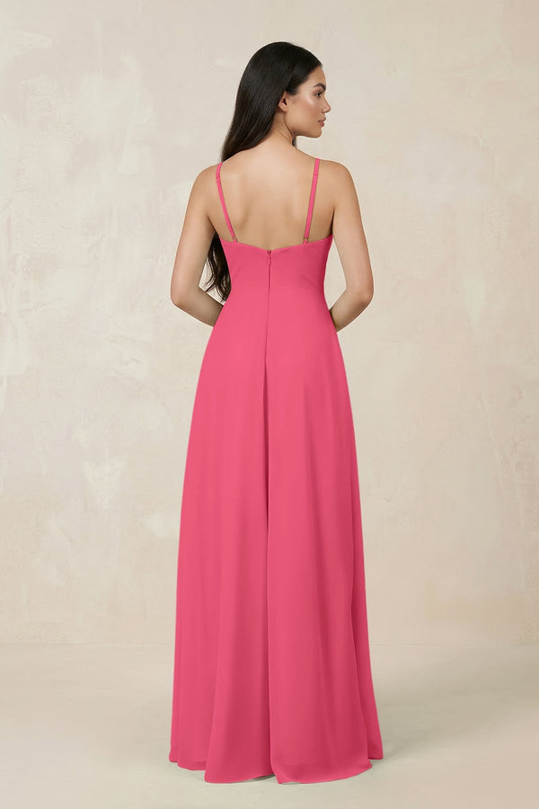 Halter Chiffon A - Line Bridesmaid Dress With Slit in Fuchsia - KISS BRIDAL Bridesmaid Dresses