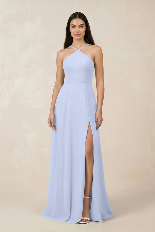 Halter Chiffon A - Line Bridesmaid Dress With Slit in Ice - KISS BRIDAL Bridesmaid Dresses