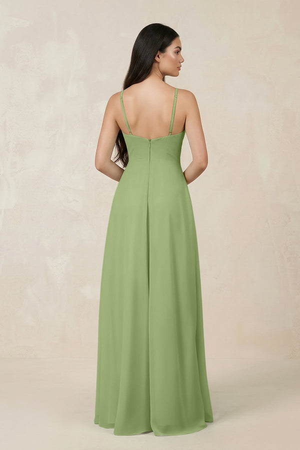 Halter Chiffon A - Line Bridesmaid Dress With Slit in Matcha - KISS BRIDAL Bridesmaid Dresses