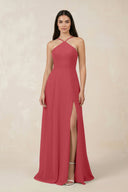 Halter Chiffon A - Line Bridesmaid Dress With Slit in Merlot - KISS BRIDAL Bridesmaid Dresses