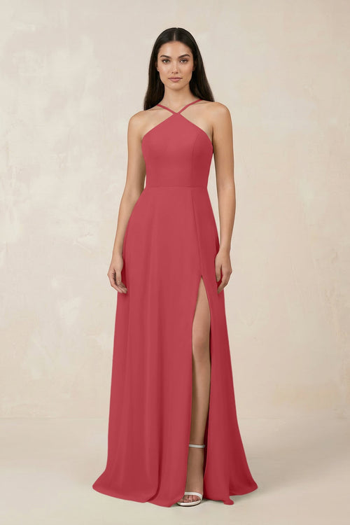 Halter Chiffon A - Line Bridesmaid Dress With Slit in Merlot - KISS BRIDAL Bridesmaid Dresses