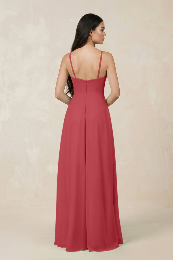 Halter Chiffon A - Line Bridesmaid Dress With Slit in Merlot - KISS BRIDAL Bridesmaid Dresses