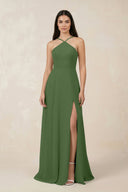 Halter Chiffon A - Line Bridesmaid Dress With Slit in Moss - KISS BRIDAL Bridesmaid Dresses