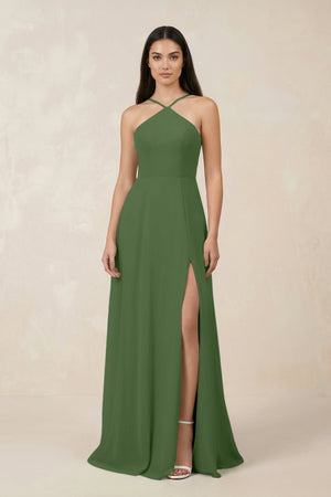 Halter Chiffon A - Line Bridesmaid Dress With Slit in Moss - KISS BRIDAL Bridesmaid Dresses