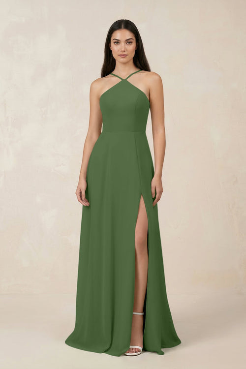 Halter Chiffon A - Line Bridesmaid Dress With Slit in Moss - KISS BRIDAL Bridesmaid Dresses