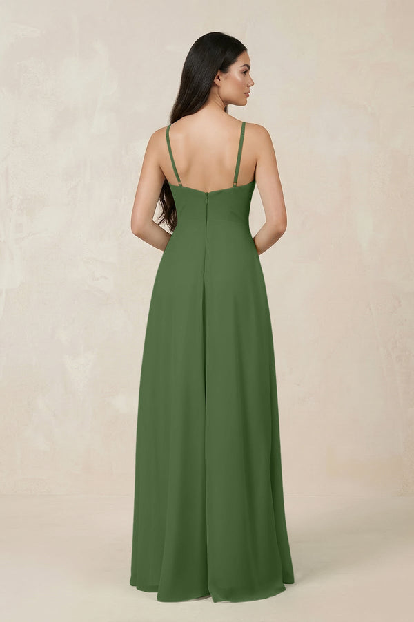 Halter Chiffon A - Line Bridesmaid Dress With Slit in Moss - KISS BRIDAL Bridesmaid Dresses