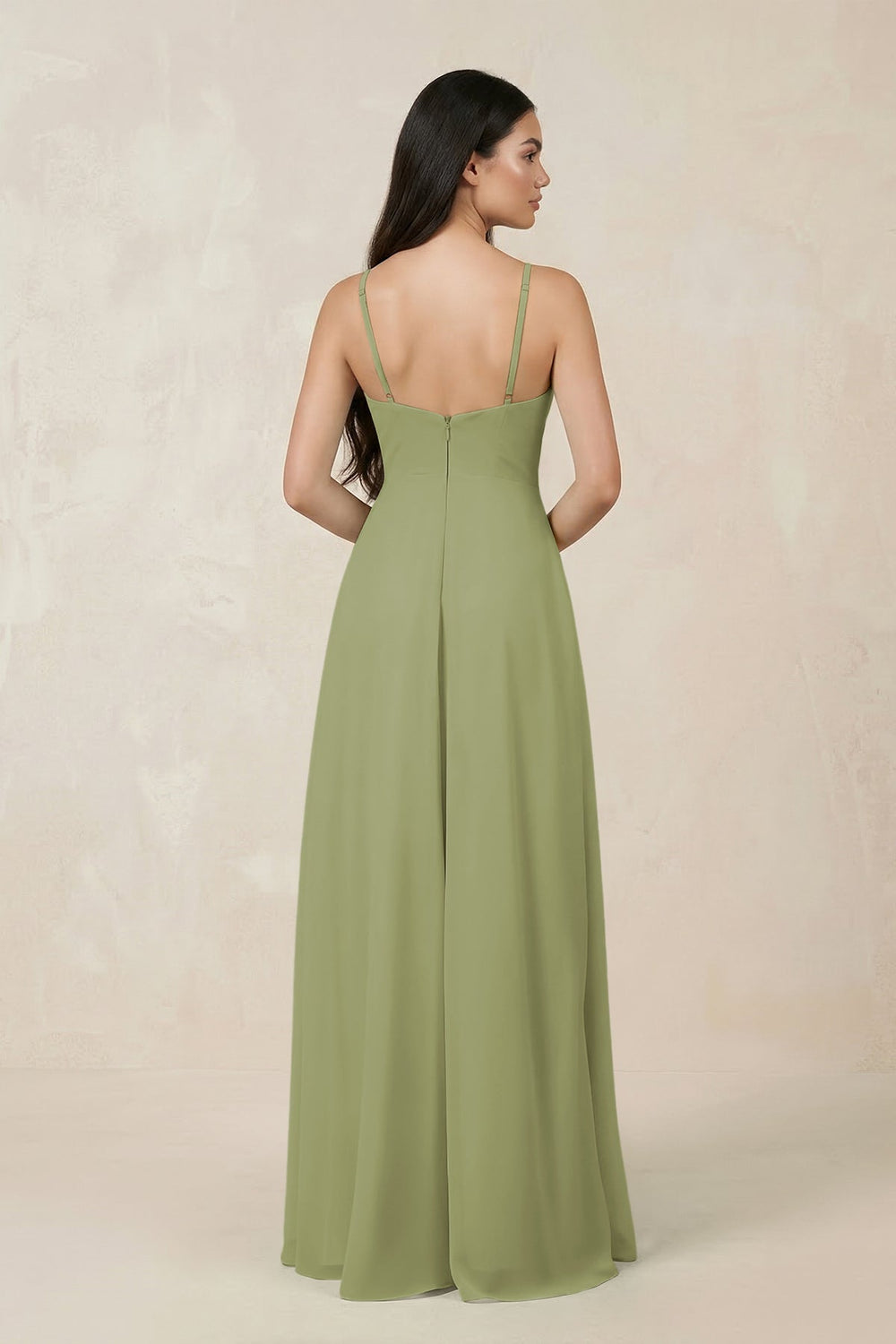 Halter Chiffon A - Line Bridesmaid Dress With Slit in Moss Green - SHE IS ME Bridesmaid Dresses