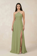 Halter Chiffon A - Line Bridesmaid Dress With Slit in Moss Green - KISS BRIDAL Bridesmaid Dresses