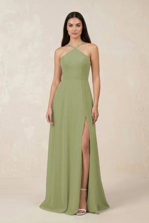 Halter Chiffon A - Line Bridesmaid Dress With Slit in Moss Green - KISS BRIDAL Bridesmaid Dresses