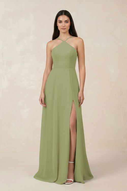 Halter Chiffon A - Line Bridesmaid Dress With Slit in Moss Green - KISS BRIDAL Bridesmaid Dresses