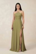 Halter Chiffon A-Line Bridesmaid Dress With Slit in Moss Green | KISSBRIDAL