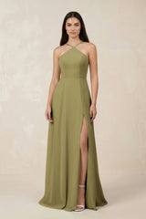 Halter Chiffon A-Line Bridesmaid Dress With Slit in Moss Green | KISSBRIDAL