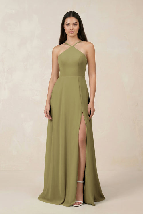 Halter Chiffon A-Line Bridesmaid Dress With Slit in Moss Green | KISSBRIDAL