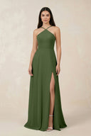 Halter Chiffon A-Line Bridesmaid Dress With Slit in Moss | KISSBRIDAL