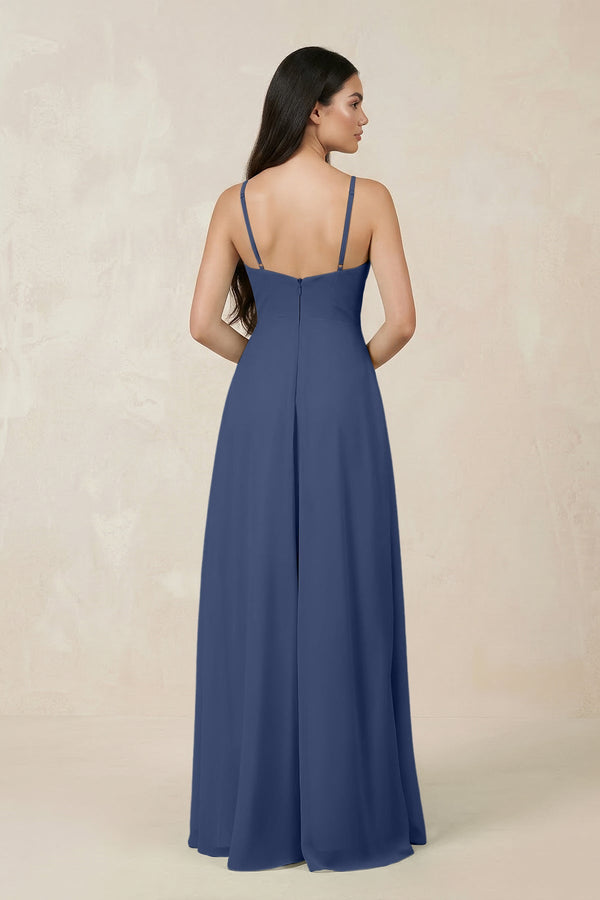 Halter Chiffon A - Line Bridesmaid Dress With Slit in Navy - KISS BRIDAL Bridesmaid Dresses