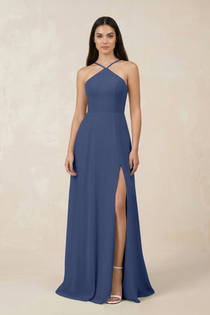 Halter Chiffon A - Line Bridesmaid Dress With Slit in Navy - KISS BRIDAL Bridesmaid Dresses