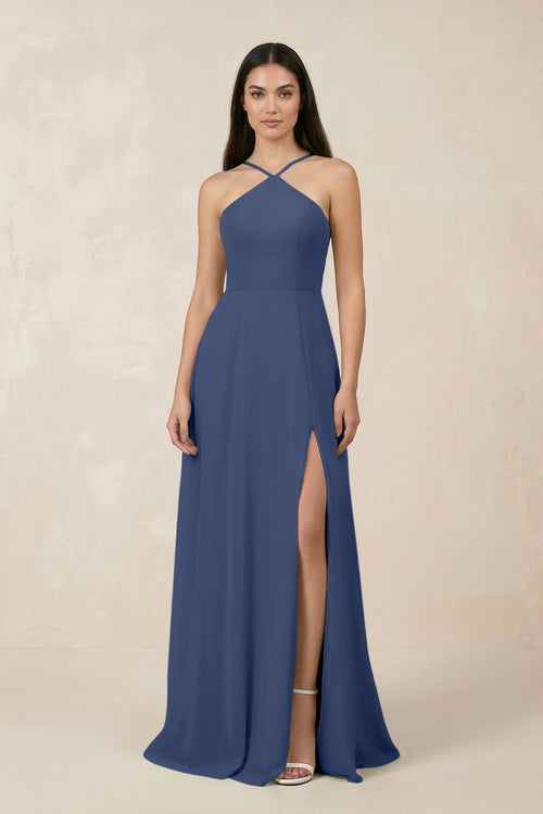 Halter Chiffon A - Line Bridesmaid Dress With Slit in Navy - KISS BRIDAL Bridesmaid Dresses