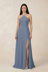 Halter Chiffon A - Line Bridesmaid Dress With Slit in Neptune - KISS BRIDAL Bridesmaid Dresses