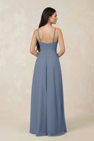 Halter Chiffon A - Line Bridesmaid Dress With Slit in Neptune - SHE IS ME Bridesmaid Dresses