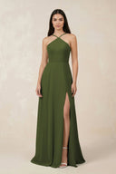 Halter Chiffon A - Line Bridesmaid Dress With Slit in Olive - KISS BRIDAL Bridesmaid Dresses