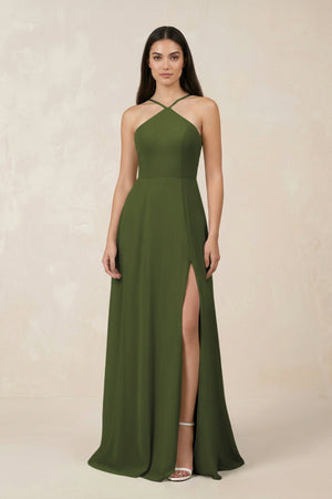 Halter Chiffon A - Line Bridesmaid Dress With Slit in Olive - KISS BRIDAL Bridesmaid Dresses