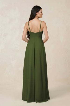 Halter Chiffon A - Line Bridesmaid Dress With Slit in Olive - KISS BRIDAL Bridesmaid Dresses