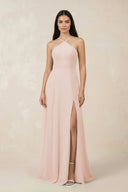 Halter Chiffon A - Line Bridesmaid Dress With Slit in Pale Blush - KISS BRIDAL Bridesmaid Dresses