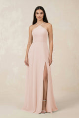 Halter Chiffon A - Line Bridesmaid Dress With Slit in Pale Blush - KISS BRIDAL Bridesmaid Dresses
