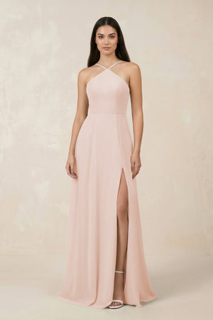 Halter Chiffon A - Line Bridesmaid Dress With Slit in Pale Blush - KISS BRIDAL Bridesmaid Dresses