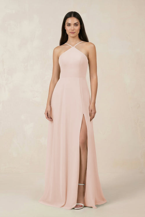 Halter Chiffon A - Line Bridesmaid Dress With Slit in Pale Blush - KISS BRIDAL Bridesmaid Dresses
