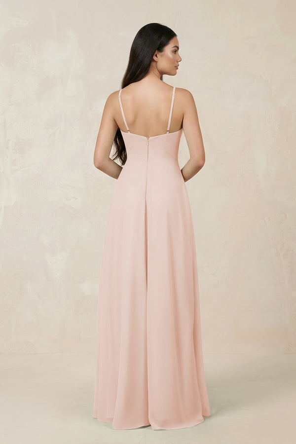 Halter Chiffon A - Line Bridesmaid Dress With Slit in Pale Blush - KISS BRIDAL Bridesmaid Dresses