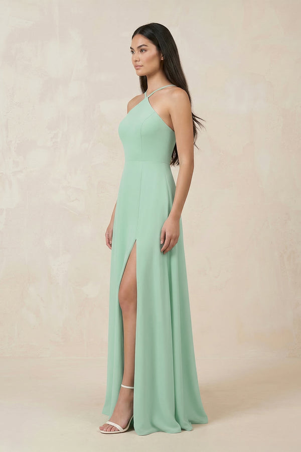 Halter Chiffon A-Line Bridesmaid Dress With Slit in Pale Pistachio - KISS BRIDAL BRIDESMAID DRESSES