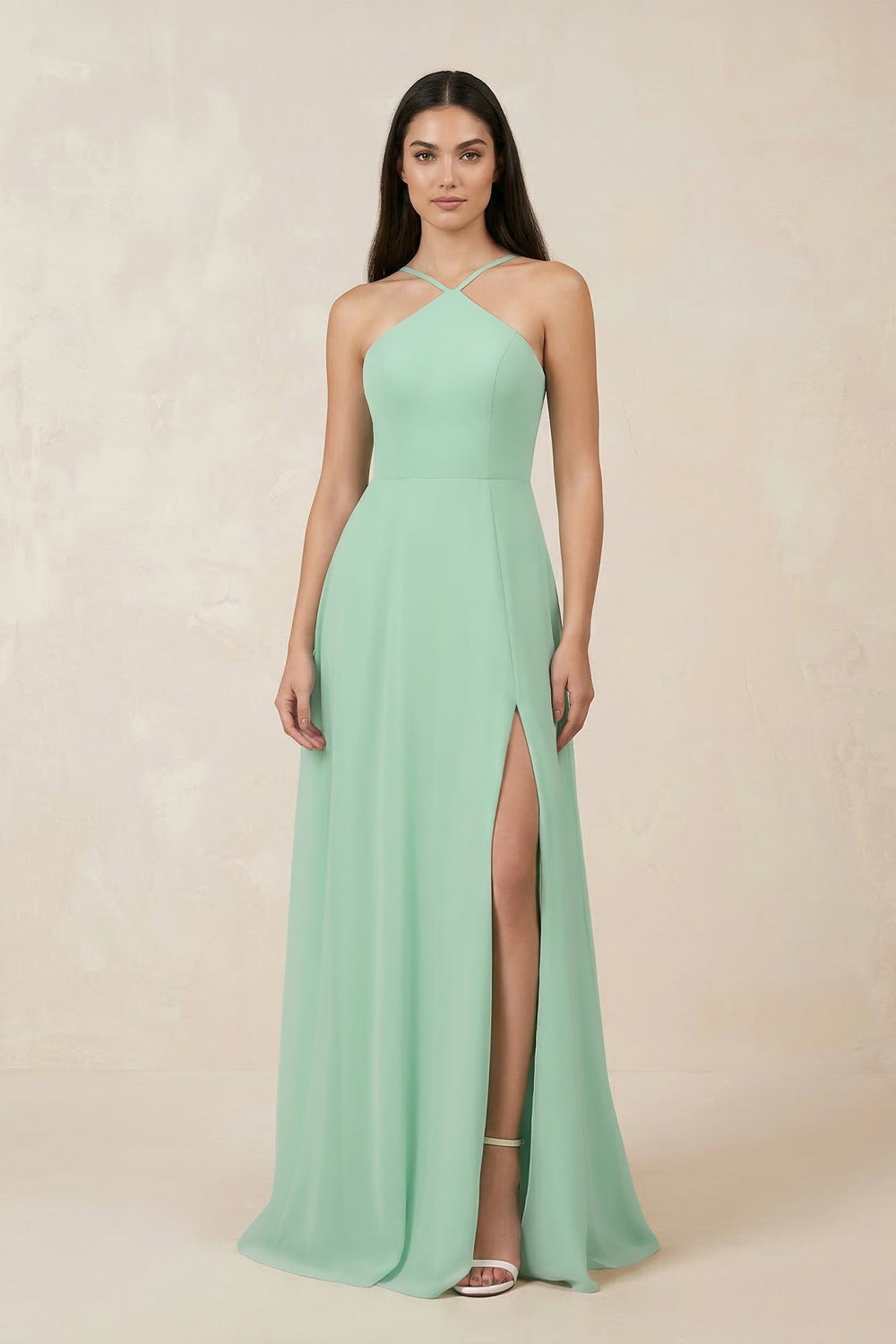 Halter Chiffon A-Line Bridesmaid Dress With Slit in Pale Pistachio - KISS BRIDAL BRIDESMAID DRESSES