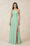 Halter Chiffon A-Line Bridesmaid Dress With Slit in Pale Pistachio - KISS BRIDAL BRIDESMAID DRESSES