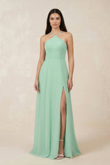 Halter Chiffon A-Line Bridesmaid Dress With Slit in Pale Pistachio - KISS BRIDAL BRIDESMAID DRESSES