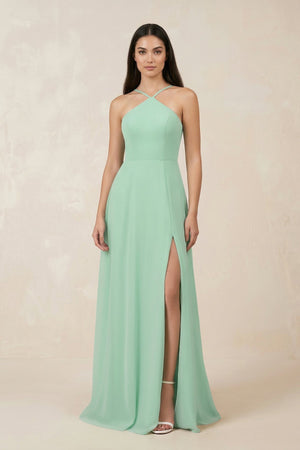 Halter Chiffon A-Line Bridesmaid Dress With Slit in Pale Pistachio - KISS BRIDAL BRIDESMAID DRESSES
