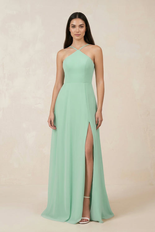 Halter Chiffon A-Line Bridesmaid Dress With Slit in Pale Pistachio - KISS BRIDAL BRIDESMAID DRESSES