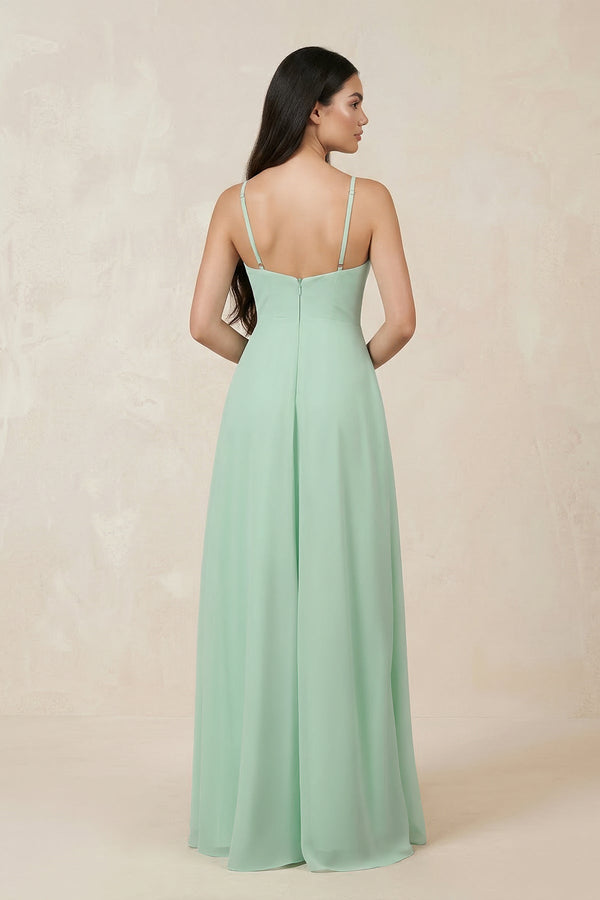 Halter Chiffon A-Line Bridesmaid Dress With Slit in Pale Pistachio - KISS BRIDAL BRIDESMAID DRESSES