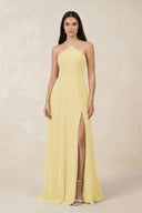 Halter Chiffon A - Line Bridesmaid Dress With Slit in Pastel Yellow - SHE IS ME Bridesmaid Dresses