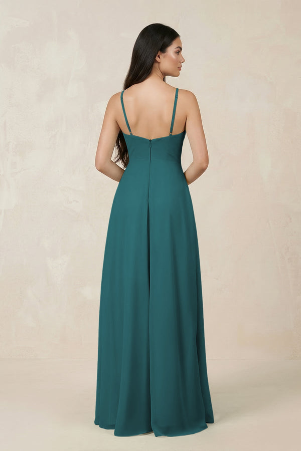Halter Chiffon A - Line Bridesmaid Dress With Slit in Pine - KISS BRIDAL Bridesmaid Dresses