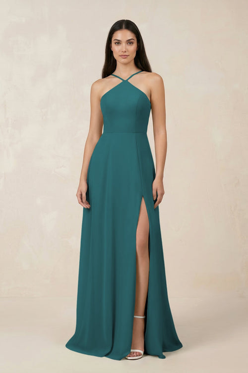 Halter Chiffon A - Line Bridesmaid Dress With Slit in Pine - KISS BRIDAL Bridesmaid Dresses