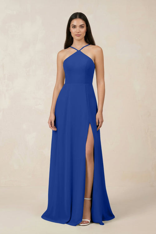 Halter Chiffon A - Line Bridesmaid Dress With Slit in Royal Blue - KISS BRIDAL Bridesmaid Dresses