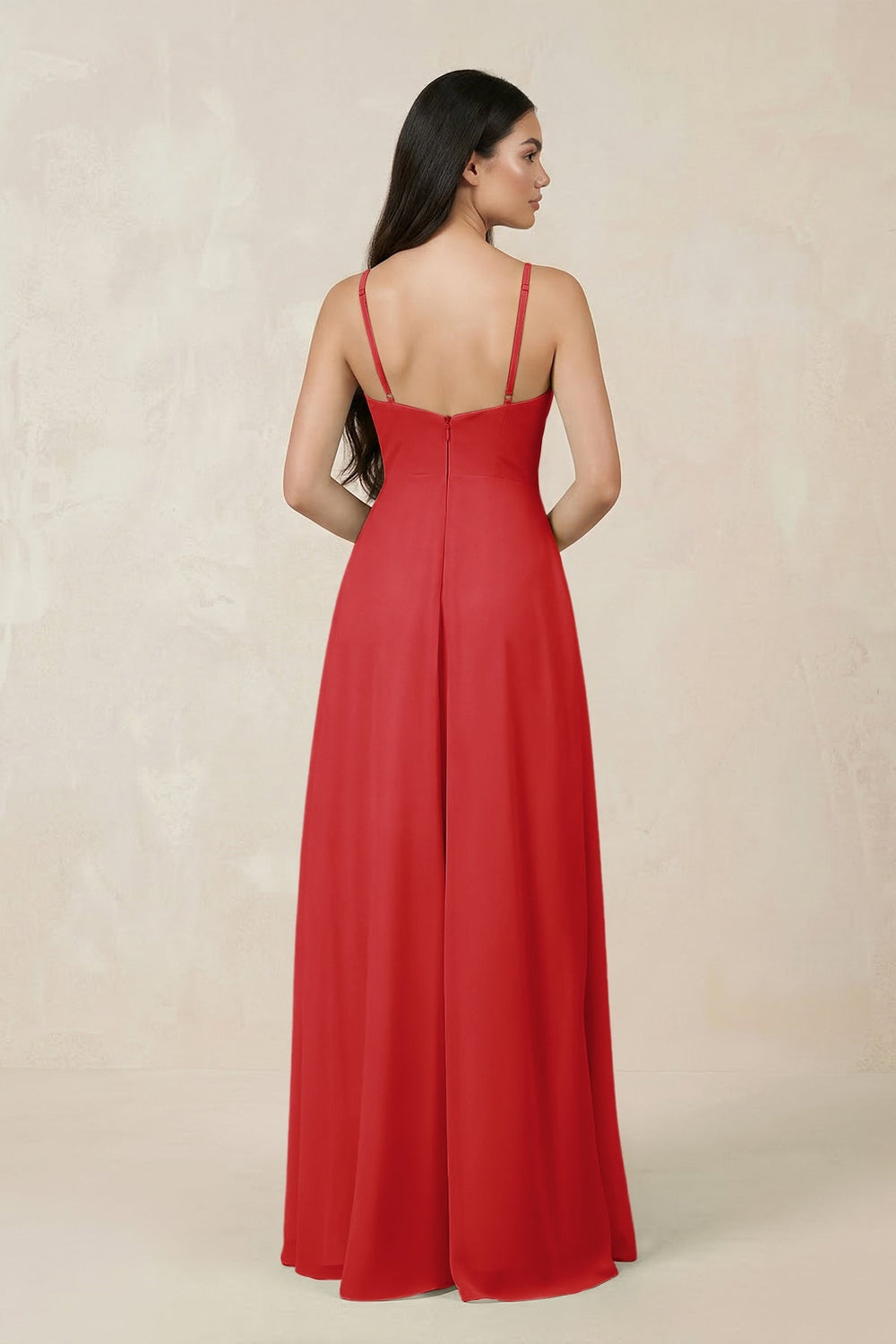 Halter Chiffon A - Line Bridesmaid Dress With Slit in Ruby Red - SHE IS ME Bridesmaid Dresses