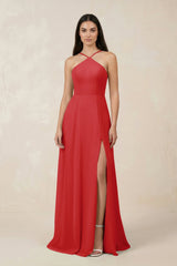 Halter Chiffon A - Line Bridesmaid Dress With Slit in Ruby Red - KISS BRIDAL Bridesmaid Dresses
