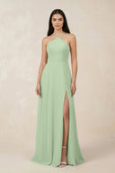 Halter Chiffon A - Line Bridesmaid Dress With Slit in Sage - SHE IS ME Bridesmaid Dresses