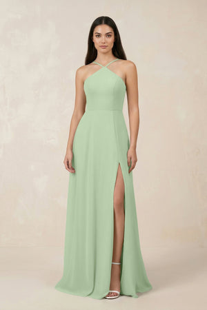 Halter Chiffon A - Line Bridesmaid Dress With Slit in Sage - SHE IS ME Bridesmaid Dresses